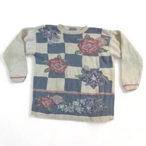 Vintage Karen Scott II Floral Checkerboard Sweater Cream Blue 2X